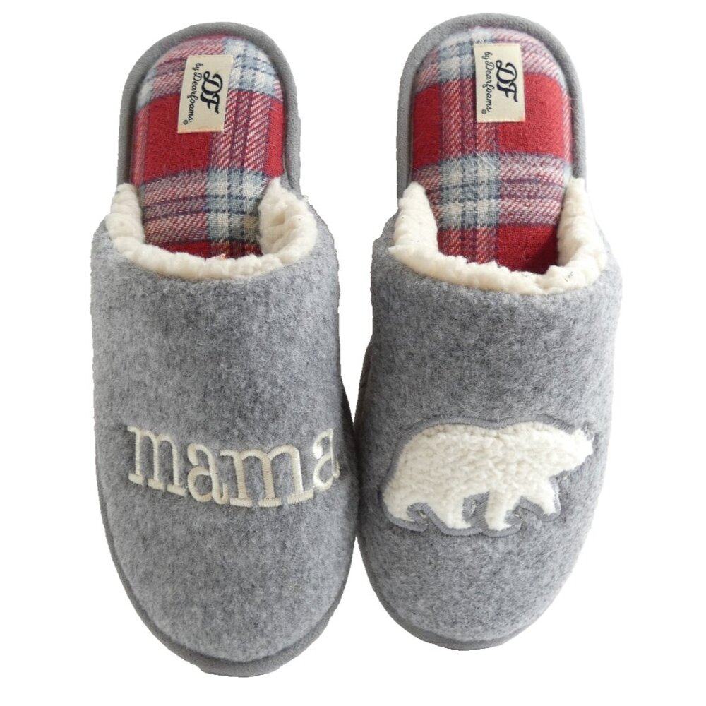 Womens XLarge Size 11-12 Slippers Dearfoams MaMa Bear Gray Felt Red Plaid White